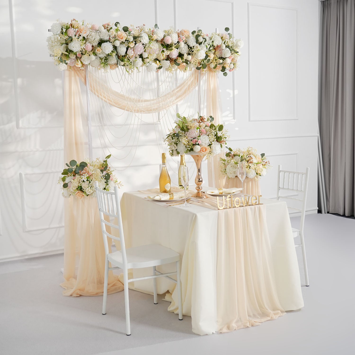 Artificial Champagne Pink White Rose Flower Arrangement Wedding Backdrop Decor Props